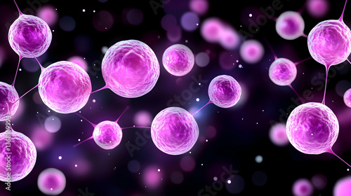 Pink spheres interconnected, floating in dark space, showing cellular network