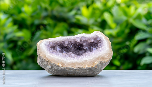 Polished amethyst geode with purple crystals displayed on a light surface against a blurred green background