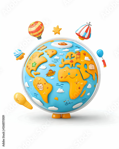 Playful globe illustration with whimsical travel icons