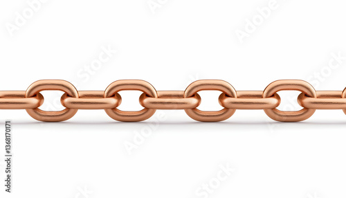 Polished rose gold chain links on white background