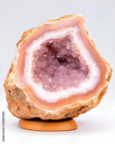 Polished geode with pink quartz crystals inside, displayed on a stand