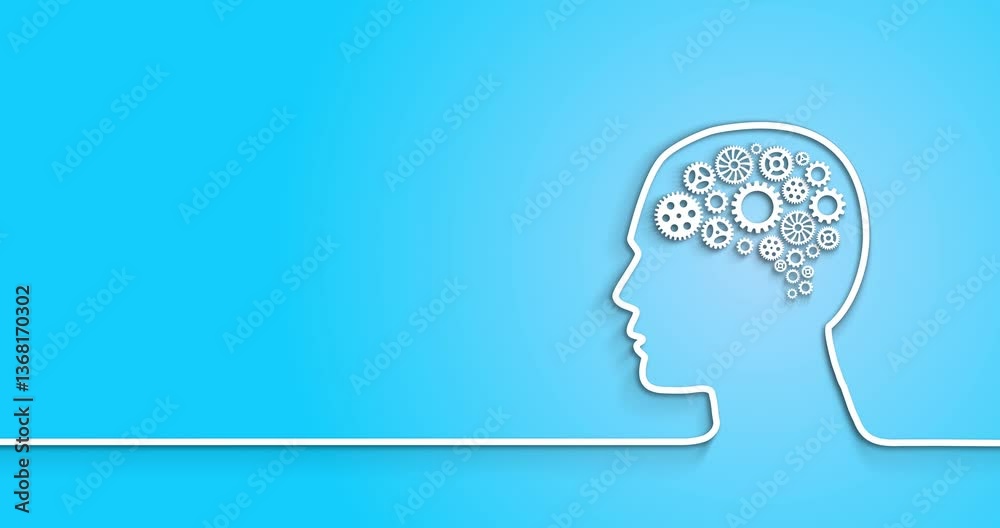 Human head with gears transforms into a light bulb. This engaging motion graphic represents innovation, brainstorming, problem-solving, and the power of ideas in business and technology. Sky Blue.