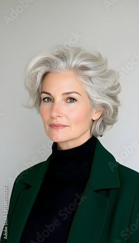 Portrait of a mature woman with short, wavy gray hair, wearing a green coat and black turtleneck