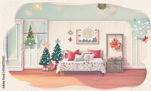 Illustrated Festive Bedroom Interior with Decorated Christmas Trees and Gifts