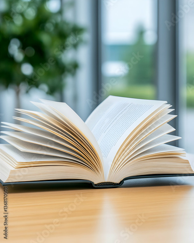Open book on wooden table near window