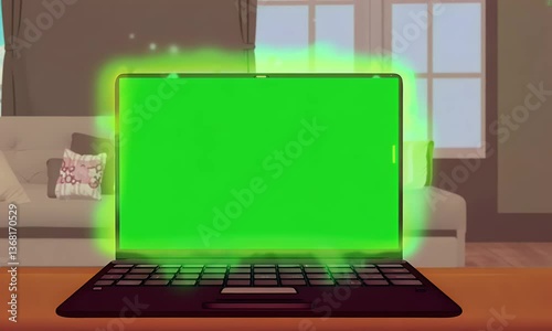 Illustrated Laptop Displaying Green Screen in Modern Interior