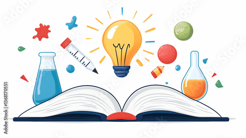 Open book with lightbulb, beakers, pencil, and paint splatters; symbolizing education, creativity, and scientific discovery