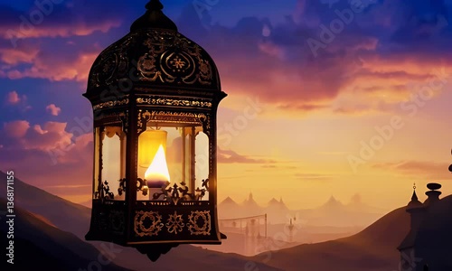 Illustration of a Candlelit Lantern at Sunset with Golden Sky