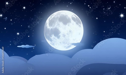 Illustration of a Full Moon Surrounded by Stars and Clouds in Blue Night Sky