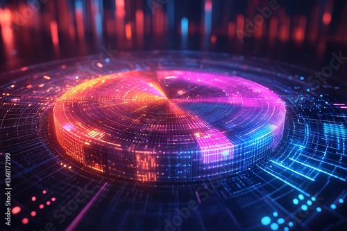 An abstract pie chart showcasing business market share distribution with glowing segments and a digital matrix background