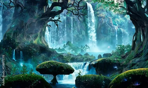 Illustration of a Mystical Forest Waterfall with Lush Green Foliage