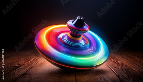 colorful spinning top with neon lights on dark wooden surface