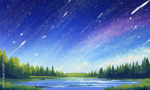 Illustration Of Night Sky With Meteor Shower Over Forest And Lake