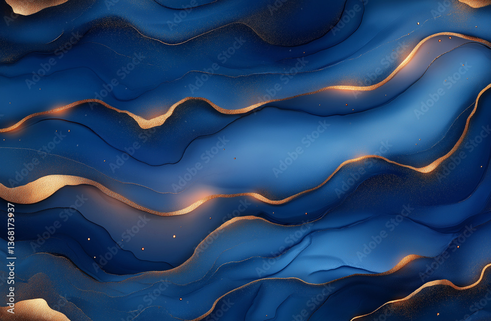 Obraz premium Abstract background with navy blue alcohol ink waves, silver glitter, and golden elements in modern art style