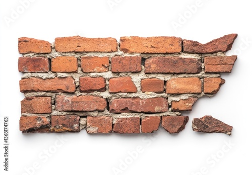 Brick Wall Section with Damaged Edge on White Background Close-up