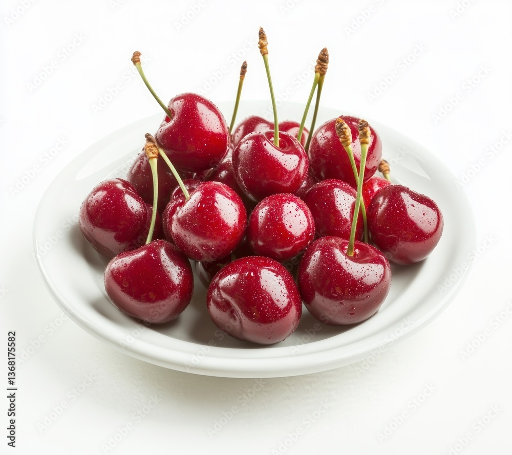 Fresh Cherries on a White Plate with Water Droplets Closeup Fresh Cherries on a White Plate with Water Droplets Closeup