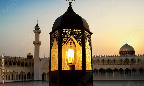 Islamic Lantern Illuminated Against Mosque Architectural Sunset Background