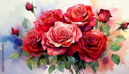 beautiful red roses bouquet hand painted watercolor illustration