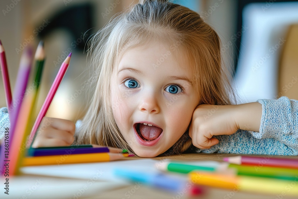 Excited little girl learns to draw with a colour pencil in an art class Excited little girl learns to draw with a colour pencil in an art class