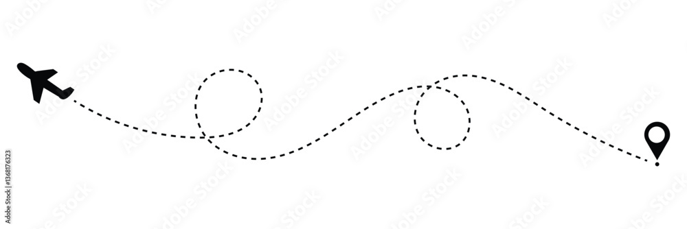 Airplane line path vector icon set of air plane flight route with start point and dash line trace. Various aircraft and destination location pins icons. Aircraft tracking, planes, travel, map . Airplane line path vector icon set of air plane flight route with start point and dash line trace. Various aircraft and destination location pins icons. Aircraft tracking, planes, travel, map .