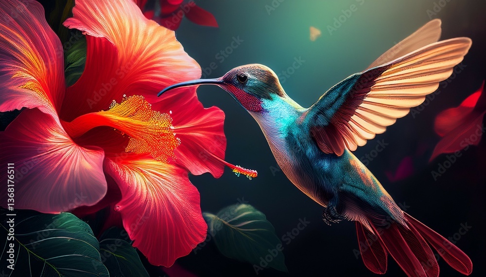 Obraz premium hummingbird hovering near a hibiscus flower
