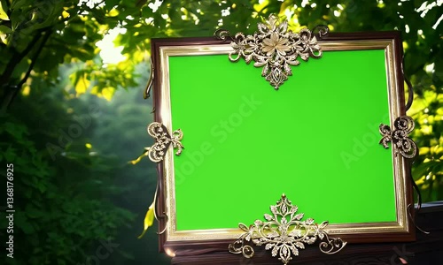 Ornate Golden Framed Green Screen Background In Nature