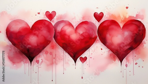 red watercolor hearts trio on white background