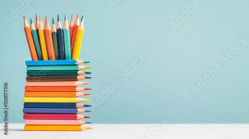 Colorful Pencils Stacked on a Light Blue Background for Art Projects