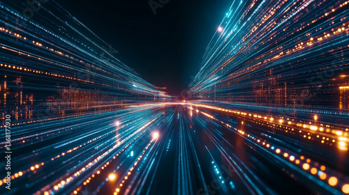 Abstract data stream with blue and orange light streaks converging towards a central vanishing point