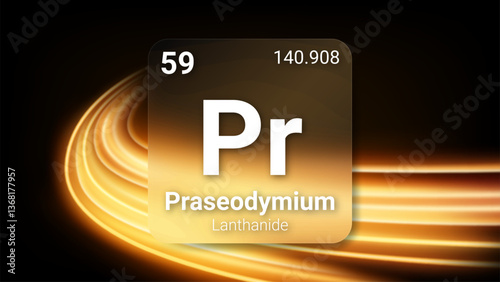 Praseodymium (Pr) (059) Lanthanide, Glass Morphism Element Futuristic Neon Light Glow Background Periodic Table, Chemical Symbol, Name, Atomic Mass, Atomic Number, Vector Illustration
