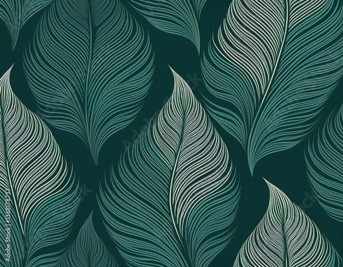 seamless pattern of wavy line art palm leaves on a dark green background creating an elegant and minimalistic design perfect for textiles wallpapers and creative projects