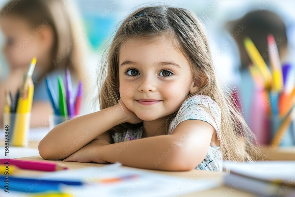 Excited little girl learns to draw with a colour pencil in an art class Excited little girl learns to draw with a colour pencil in an art class