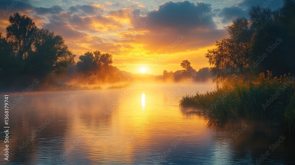 Sunset Illuminating Mist Over Serene River, A Peaceful Wildlife Scene with Natural Beauty Sunset Illuminating Mist Over Serene River, A Peaceful Wildlife Scene with Natural Beauty