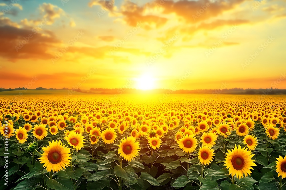 Obraz premium Sunflowers Field at Sunset - A Stunning Landscape