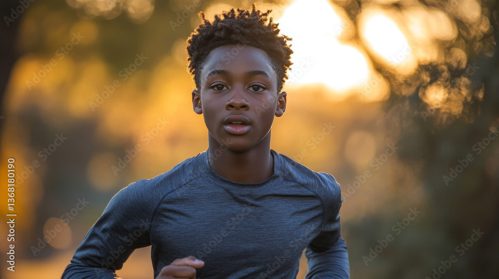 focused young African American boy jogging in park during sunset wearing athletic long sleeve shirt