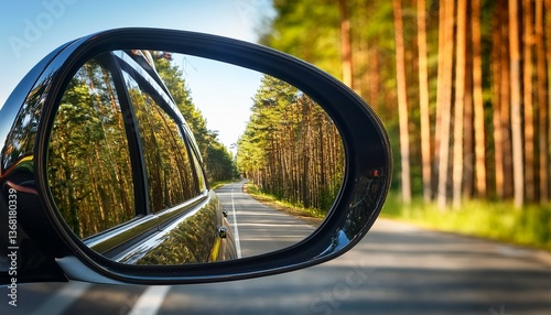 a close up view of a car side mirror reflecting a summer forest road