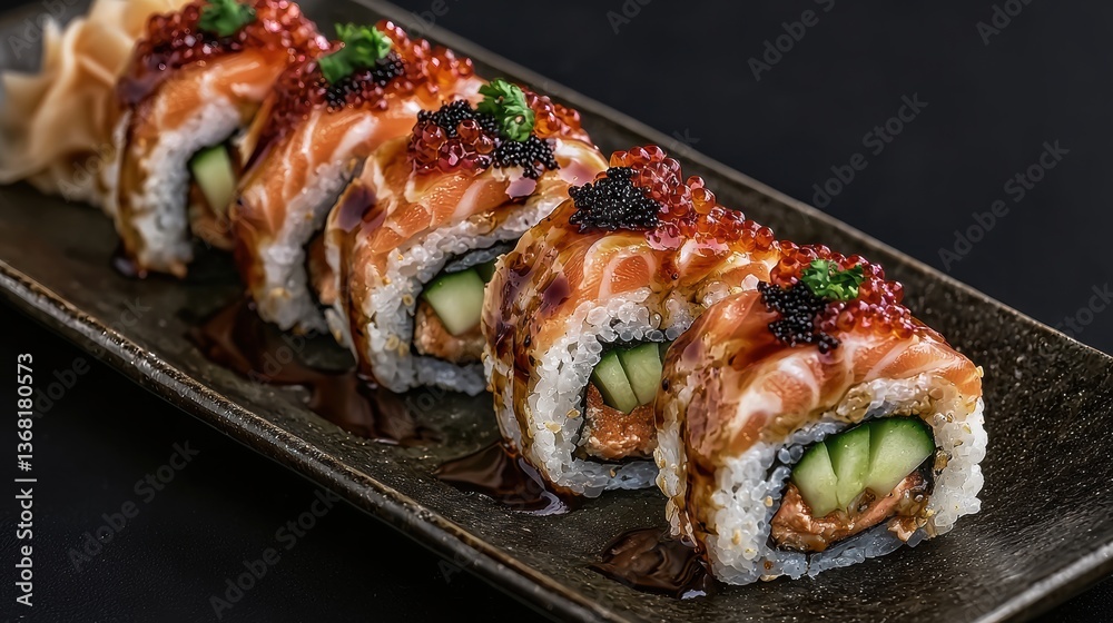 Delicious sushi roll presentation restaurant food photography elegant setting top-down view culinary art Delicious sushi roll presentation restaurant food photography elegant setting top-down view culinary art