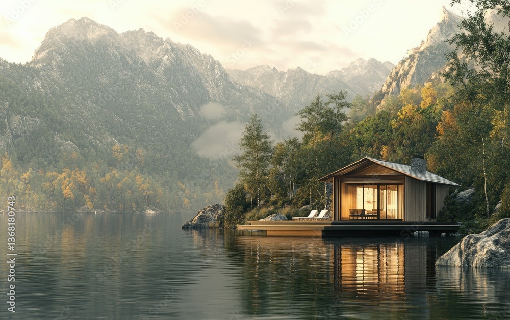 Fototapeta premium Serene lakeside cabin retreat surrounded by majestic mountains, reflecting golden autumn foliage on calm waters, offering a peaceful escape in nature's embrace