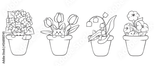 Vector line art flowers in pot with cute little cat, cute vector collection