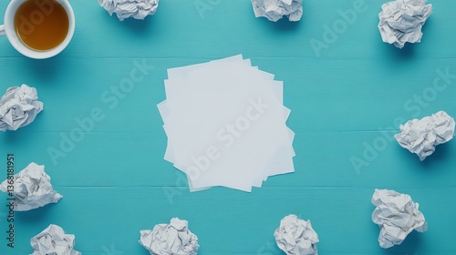 Crumpled Paper Surrounding Blank Sheets on Bright Blue Background