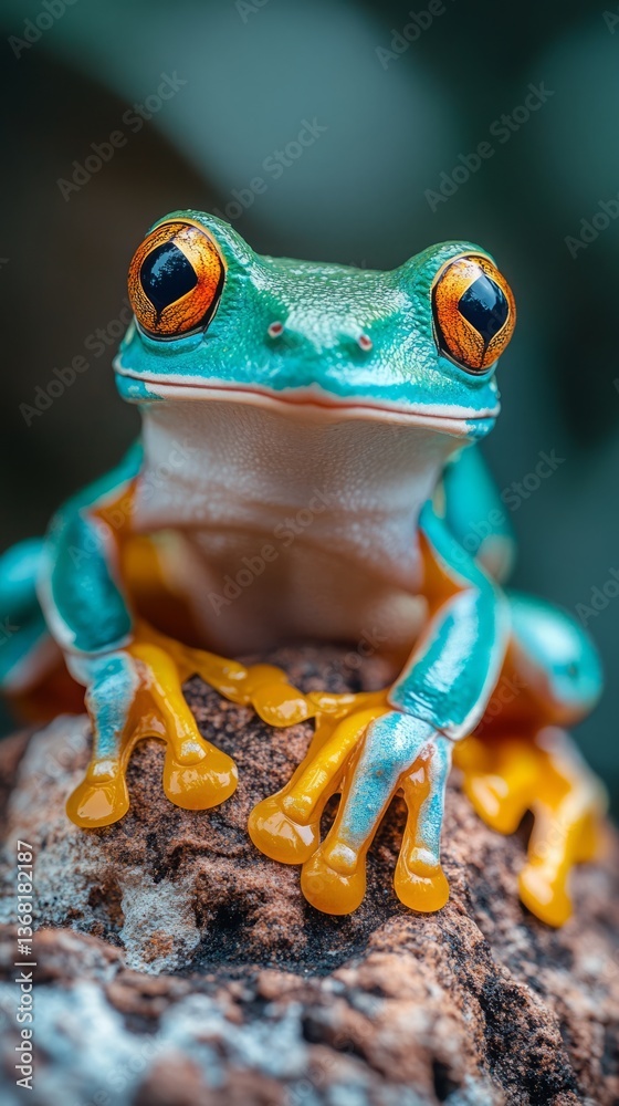 Close up of vibrant blue tree frog perched on rocky surface in nature