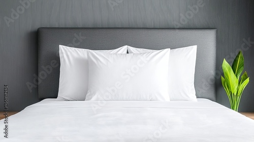 Modern Bedroom Interior with White Pillows and Green Plant Accent