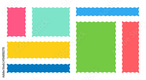 Frames Scalloped Vector Corrugated Bento Grid Shapes Set. Scallop Frame Wavy Retro Stickers Collection. Zig Zag Edge Geometric Borders Tag Boxes. Wiggle Line Design Sign Background. Isolated