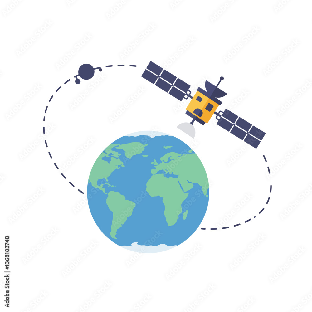 Fototapeta premium Satellite orbiting Earth in flat design style vector art
