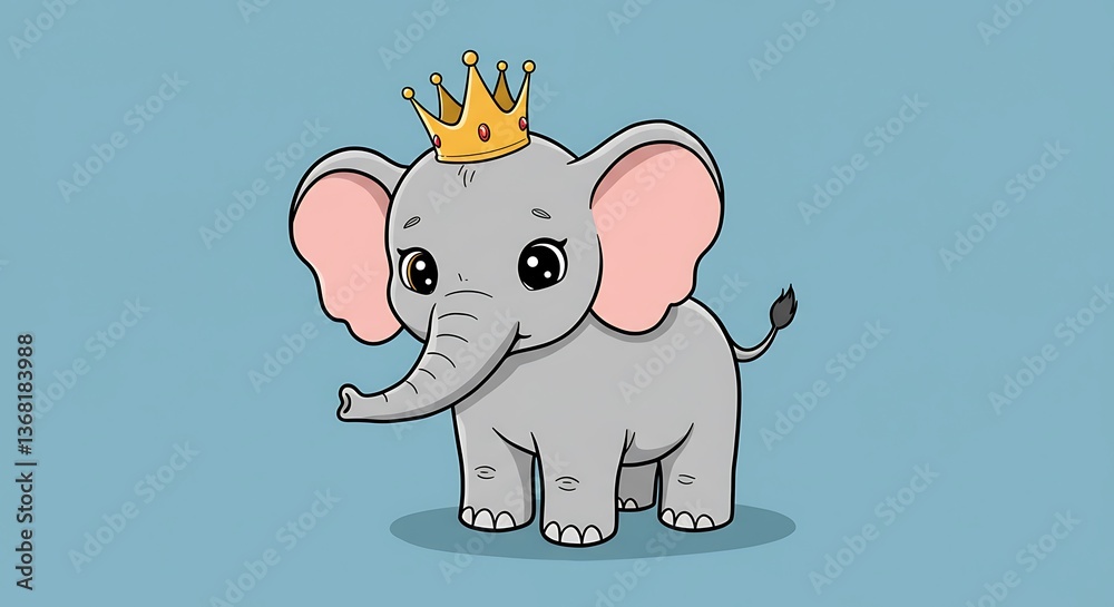 Fototapeta premium Cute Baby Elephant Wearing a Crown Cartoon Illustration on Blue Background