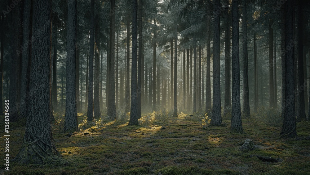 Naklejka premium Sunlight streams through a dense forest filled with tall trees