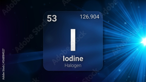 Iodine (I) (053) Halogen, Glass Morphism Element Futuristic Neon Light Glow Background Periodic Table, Chemical Symbol, Name, Atomic Mass, Atomic Number, Vector Illustration