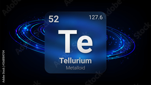 Tellurium (Te) (052) Metalloid, Glass Morphism Element Futuristic Neon Light Glow Background Periodic Table, Chemical Symbol, Name, Atomic Mass, Atomic Number, Vector Illustration