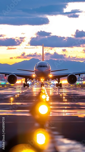 Airplane Taxiing Sunset Runway.