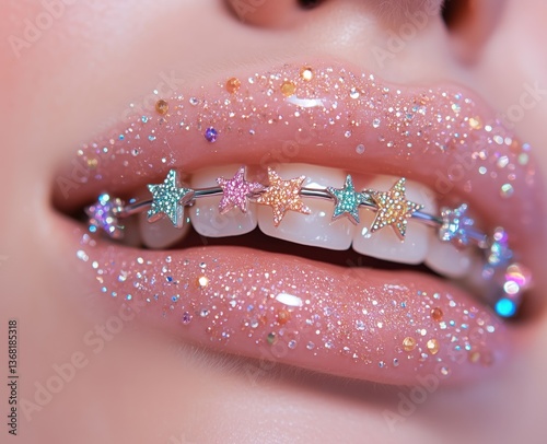Delicate shiny lips with bed stars on briquettes.
Macroimage of lips with pastel gloss and braces in the form of colored stars. The aesthetics of a dream and a fabulous image.